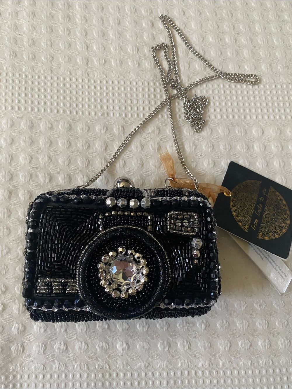 T.J. Maxx Black Beaded Camera-Shaped Bag with Crystal Accent